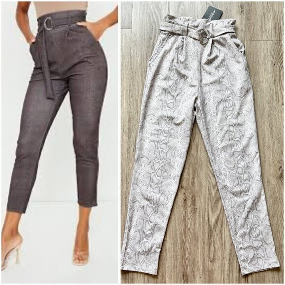 PrettyLittleThing Grey Snake D Ring Belted Cigarette Trouser Pants Size 4 NWT